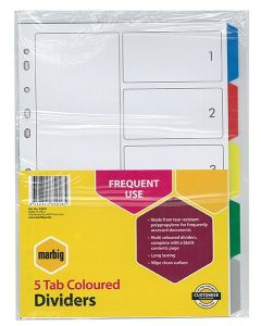 Marbig A4 Indices and Dividers 5 Tab Multi Colour- pack of 10
