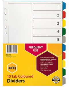 Marbig A4 indices and Dividers 10 Tab Multi Colour - 10 pack
