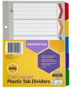 Marbig Dividers 5 Tab Manilla Reinforced A5 Multi Colours - 5 pack
