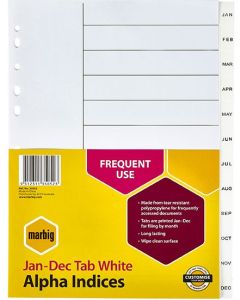 Marbig Alpha Indices Dividers Jan-Dec Tab PP A4 White (Min Order Qty 2)