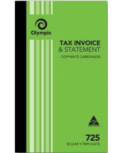 Olympic Invoice and Statement Book 725 Carbonless Triplicate 50 Leaf 200x125mm (Min Ord Qty 2)