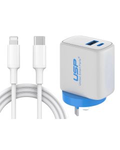 Wall Charger USB-A + Type C with 1m USB-C to Lightening Cable (Min Order Qty: 1)