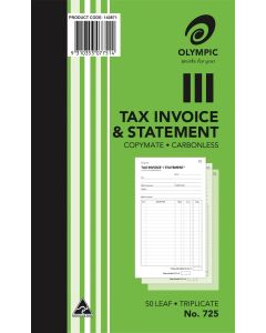 Olympic Invoice and Statment Book 725 Carbonless Triplicate 50 Leaf 200x125mm (Min Ord Qty 10)