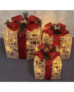Christmas - Presents Jute Red Bow with 45 LED Lights Set of 3 