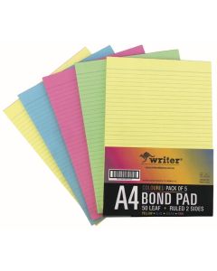 Writer A4 50 leaf Mixed Coloured Ruled Notepads Pk5 (Min Order Qty 12)