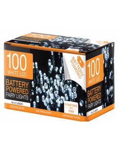 Fairy Lights 100 LED Cool White Battery Operated Lights 8 Functions with Timer 6/18hr (Min Order Qty 2) 