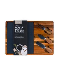 Acacia Wood & Slate Cheese Board with Knives 4 Piece (Min Order Qty 1)